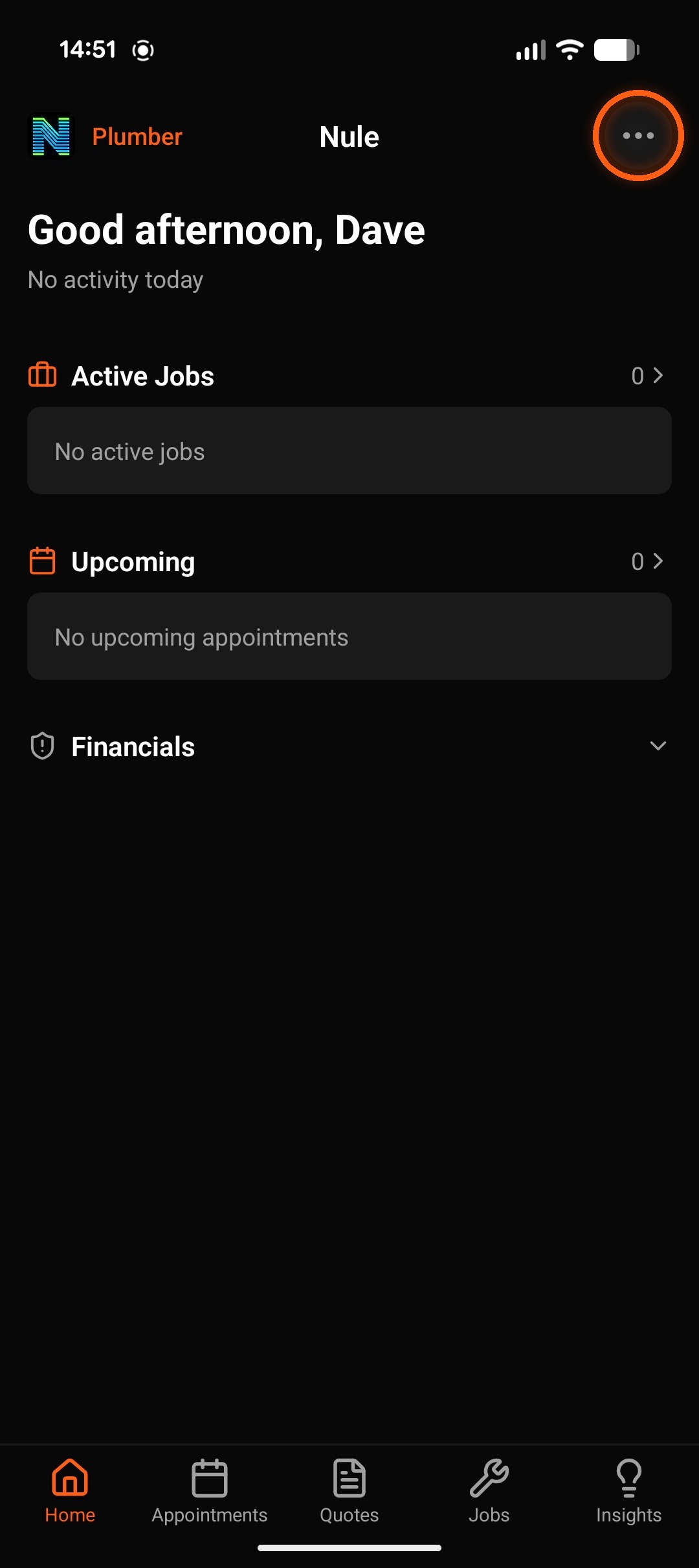Nule — the menu button, top right