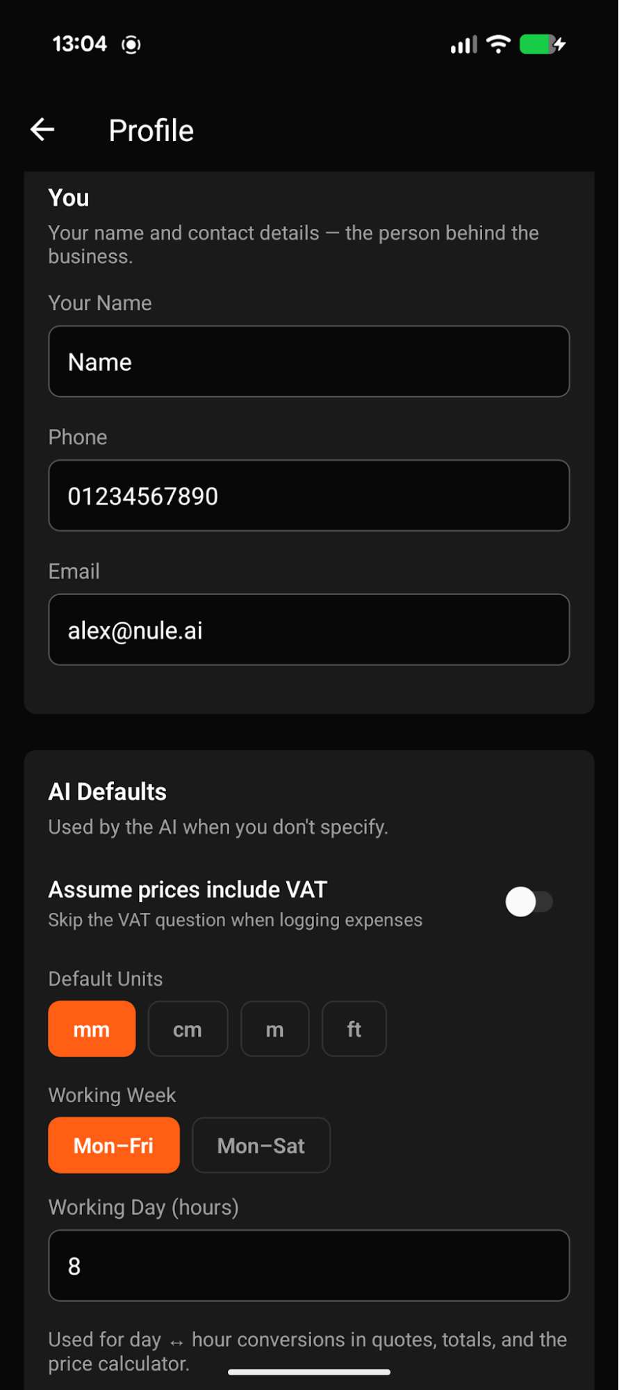 Nule Profile — your details and working week