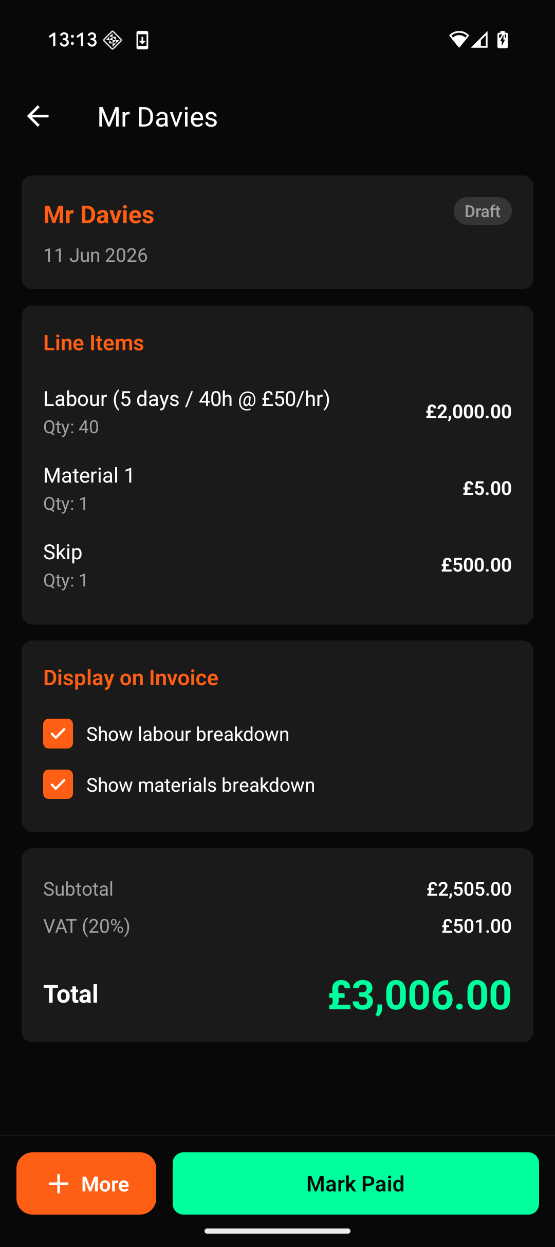 Invoice screen showing Draft status, line items for labour at 40 hours, a material and a skip, Display on Invoice toggles for labour and materials breakdown, then subtotal, VAT at 20 percent and a total of £3,006