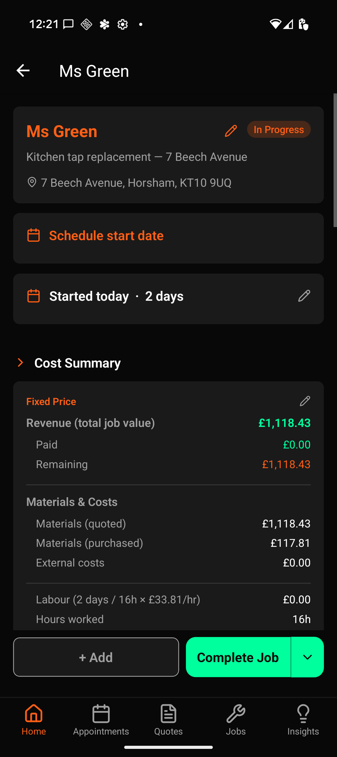 Job detail screen showing client name, In Progress badge, address, start date and duration, then a Cost Summary card with revenue, paid, remaining, materials quoted and purchased, external costs, labour and hours worked