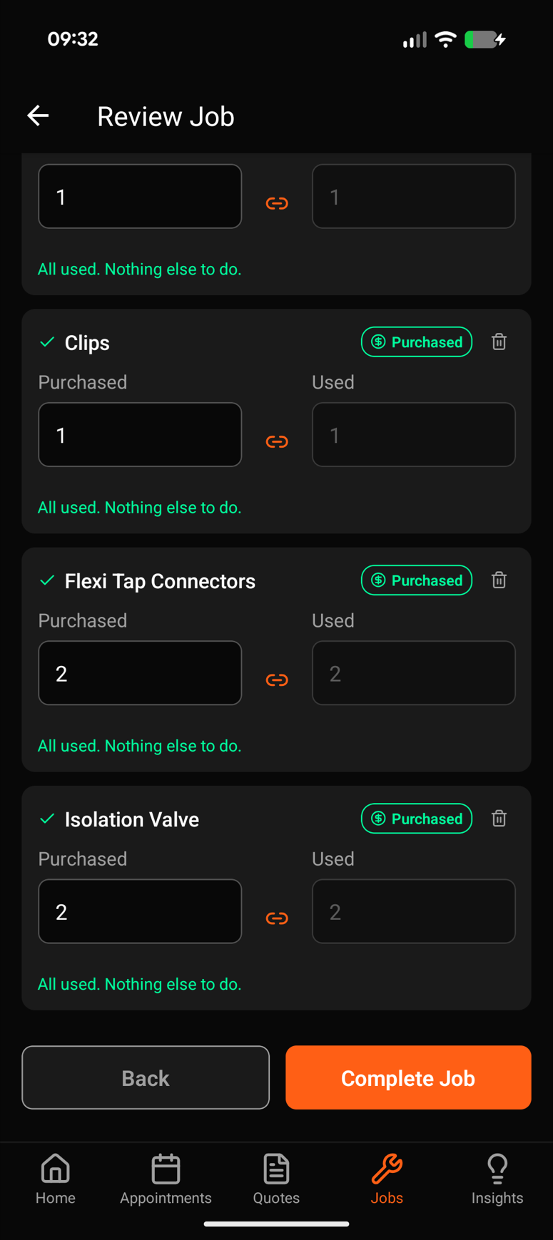 Review Job screen listing materials such as Clips, Flexi Tap Connectors and Isolation Valve, each with a Purchased quantity box, a Used quantity box, a Purchased badge, and the message All used, nothing else to do