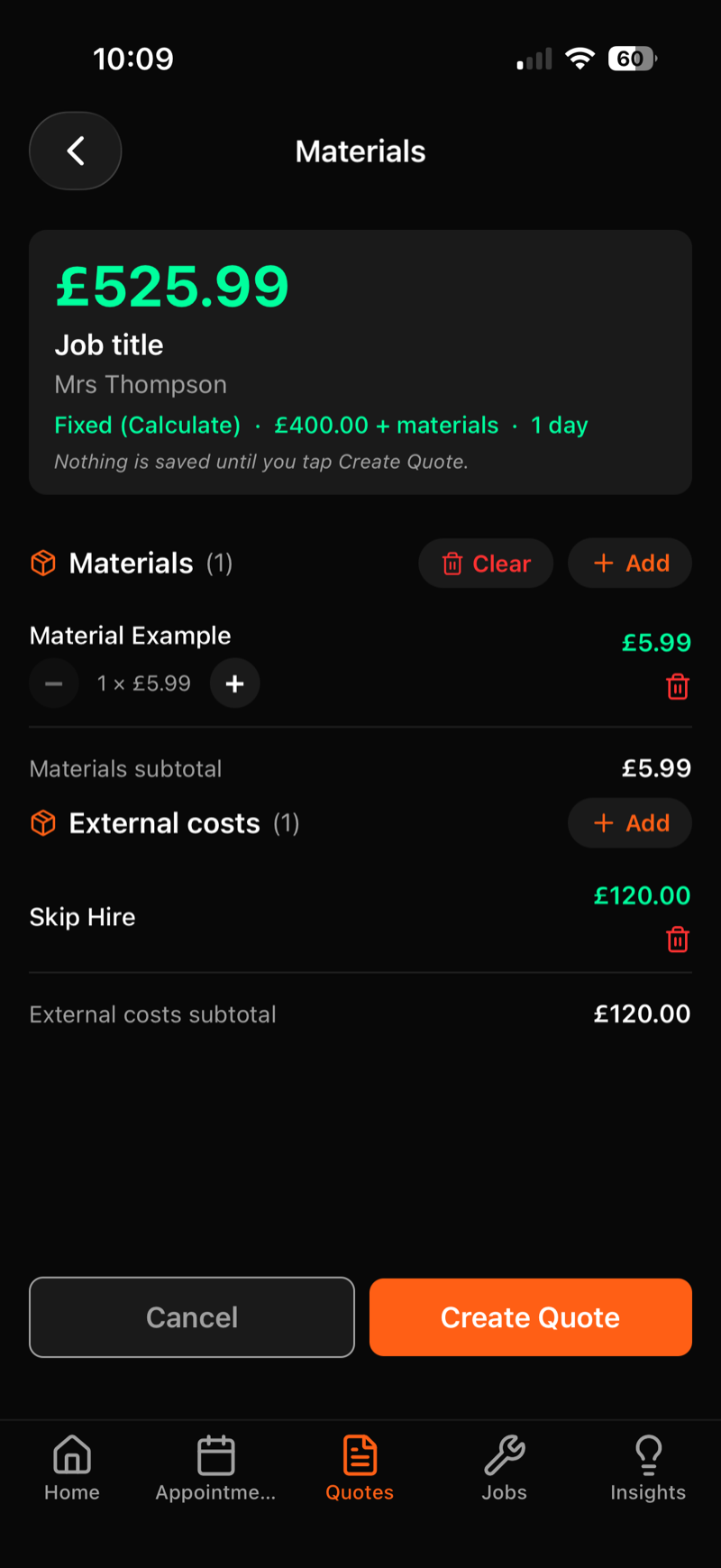 Quote with materials and external costs added, ready to create