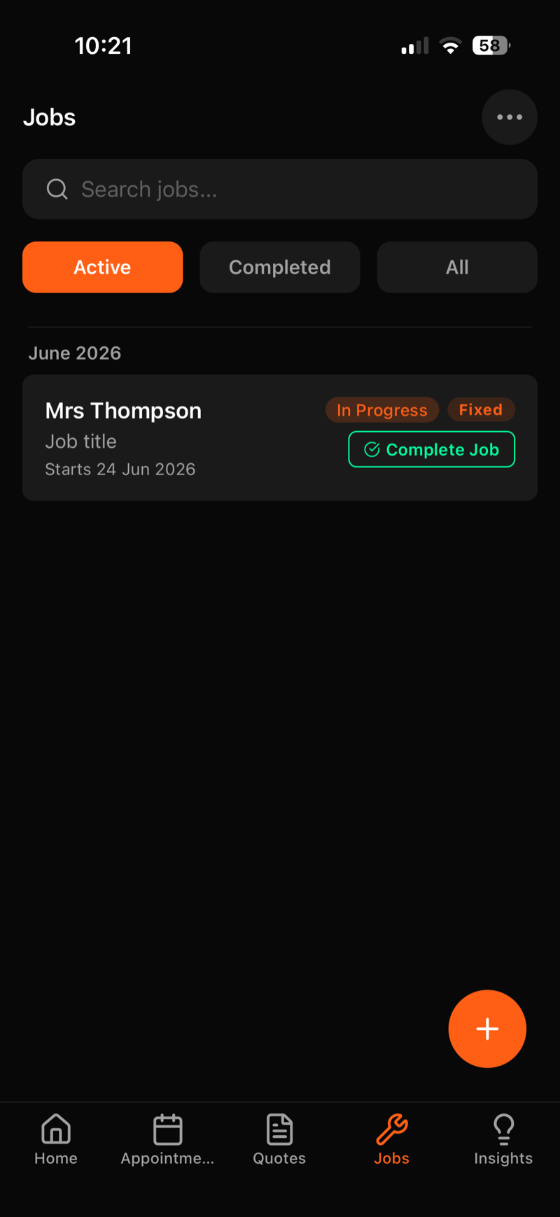 Accepted job appears in the Jobs list with In Progress status