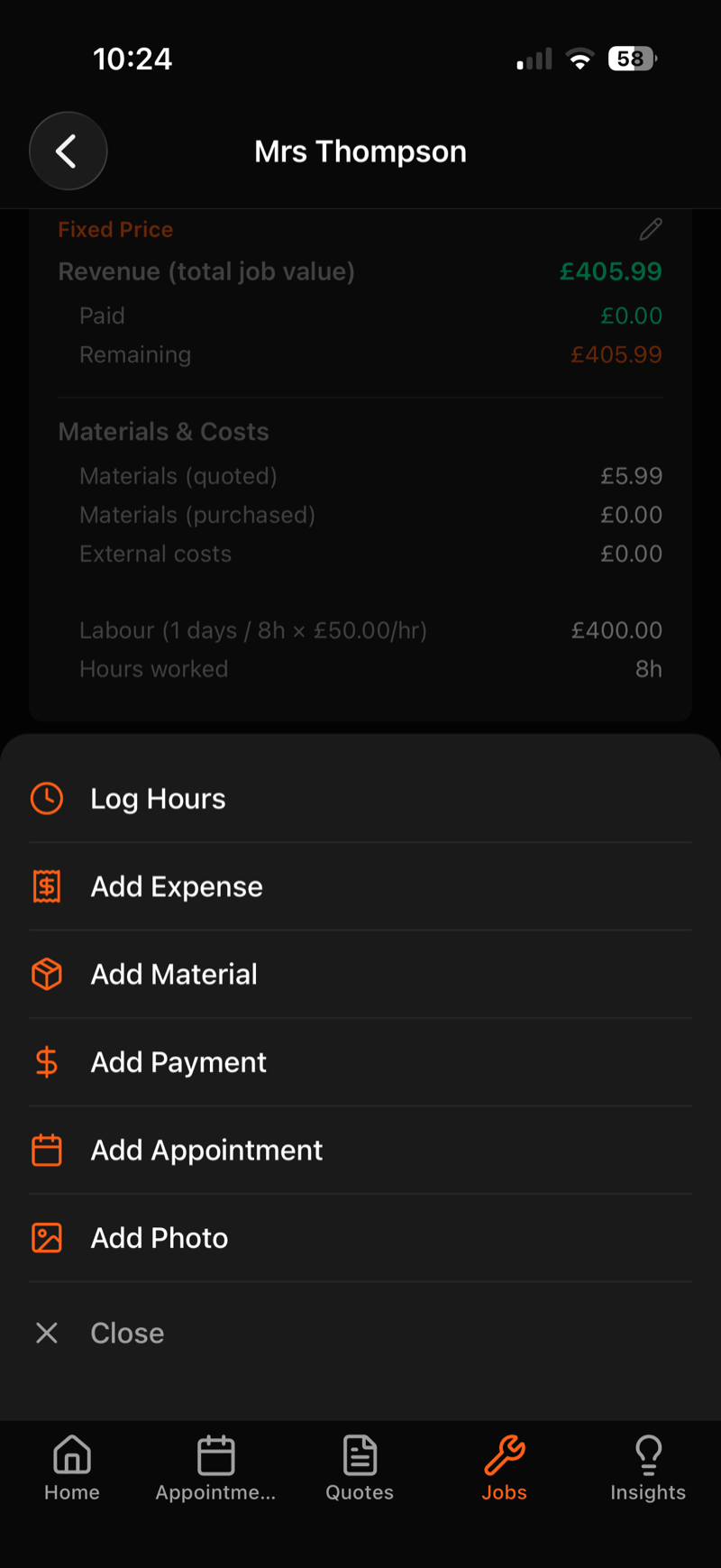 Job tracking: log hours, add expenses, materials, payments