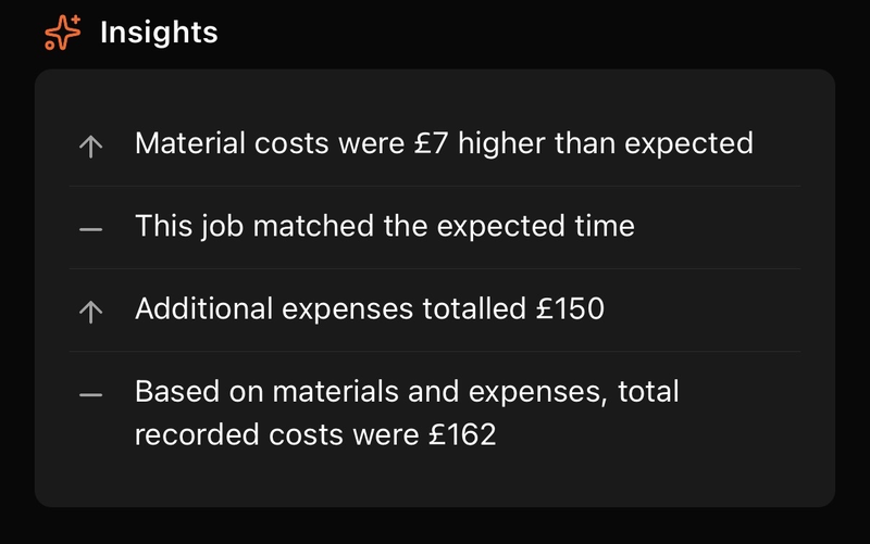 Insights card: material costs and time variance after job completion